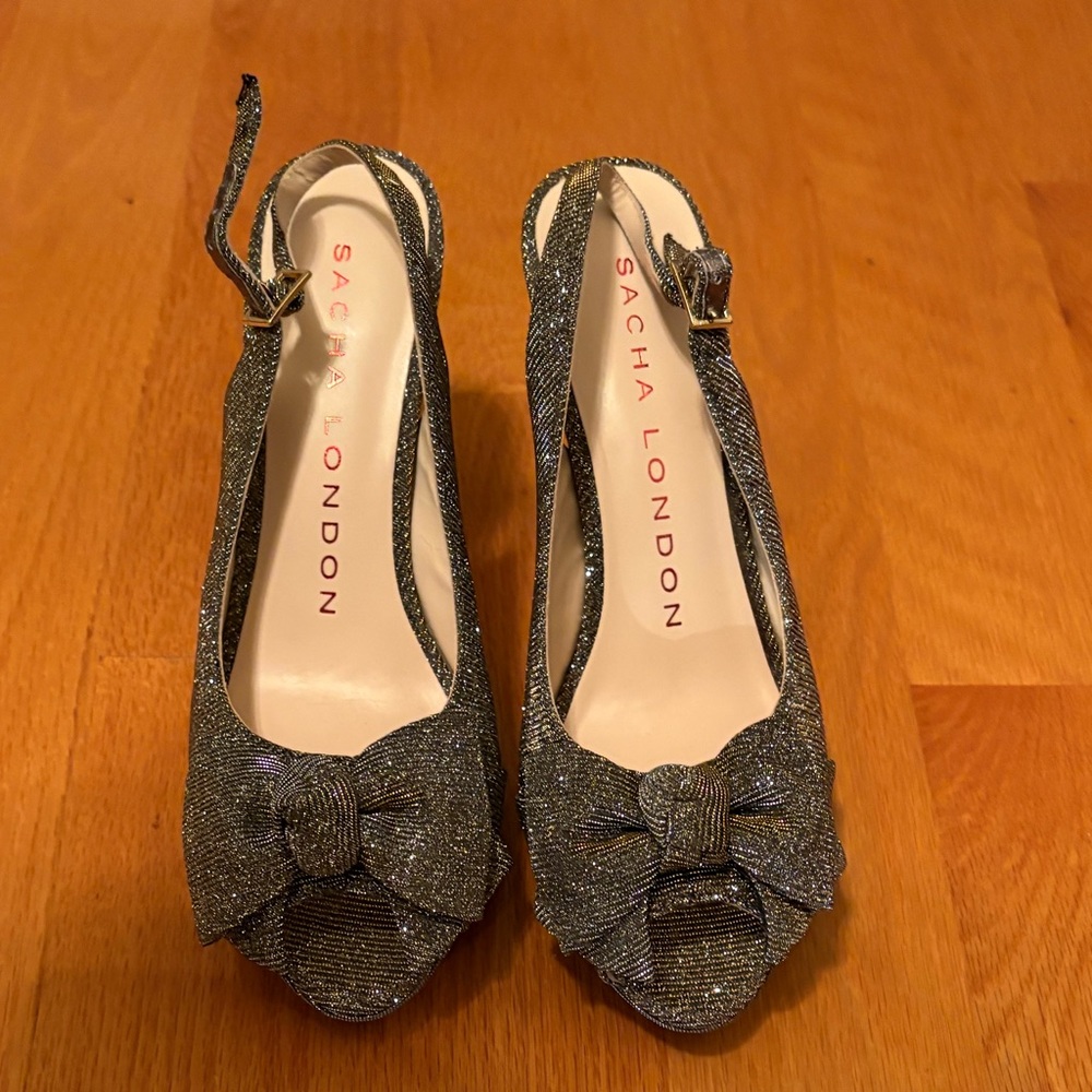 Sacha London Glitter Bow Slingback Heels - Silver Women’s 8